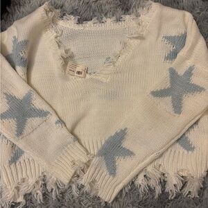 Fringed Star Sweater in White and Blue